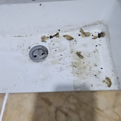 כיור מלוכלך עם שאריות מזון וניקוז סתום