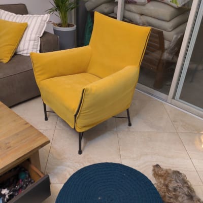 כורסה צהובה עם ריפוד, כריות על כורסה אחרת