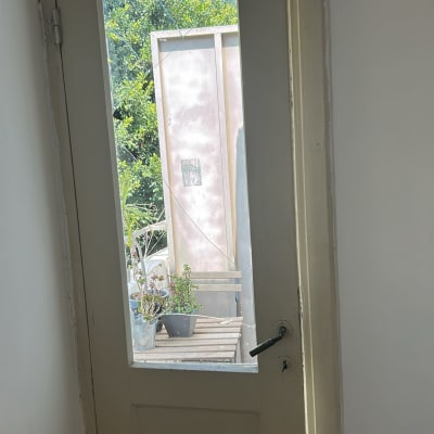 דלת עם זכוכית שבורה וצמחים בחוץ