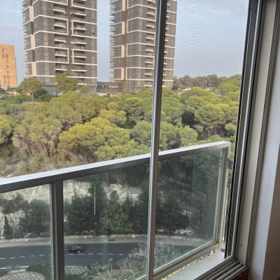 חלון אלומיניום עם נוף לבניינים ועצים