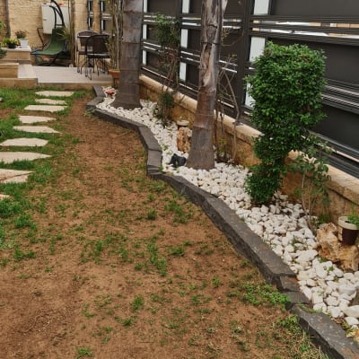 שביל אבנים, עצים, שיחים, ואבנים לבנות בגינה