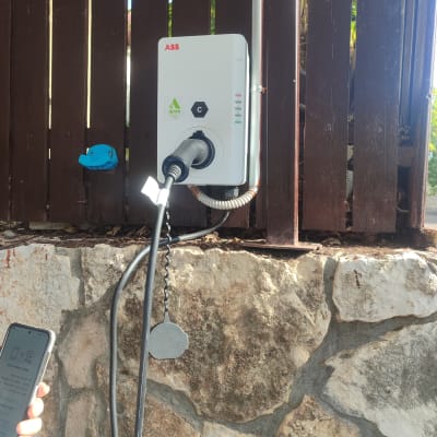 מטען חשמלי מותקן על קיר עץ עם כבל מחובר