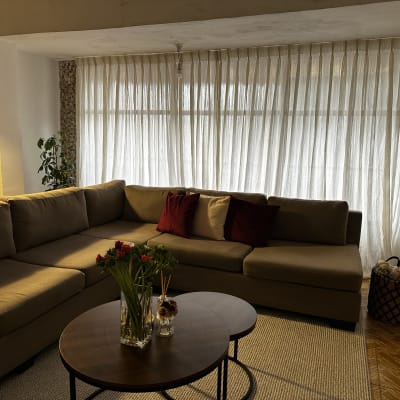 סלון עם ספה, שולחן, וילונות וצמחים