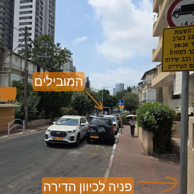רחוב עם מכוניות ושלטים, בניינים ברקע
