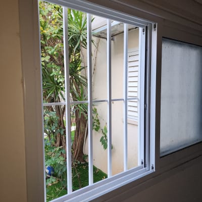 חלון עם סורגים לבנים וצמחייה בחוץ