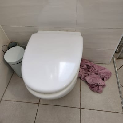 אסלה לבנה עם מגבת ורודה על הרצפה