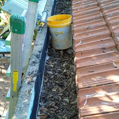 גג רעפים עם עלים יבשים ודלי צהוב