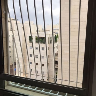 סורגי מתכת על חלון עם נוף לבניינים