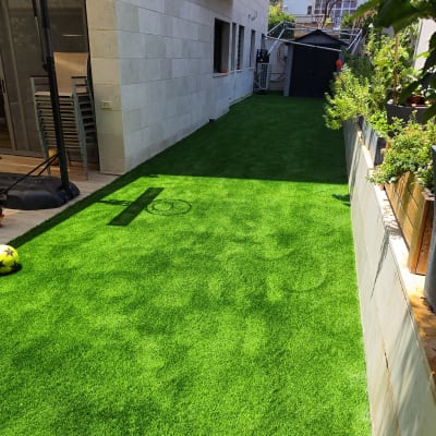 דשא סינטטי עם כדור ושתילים בצד