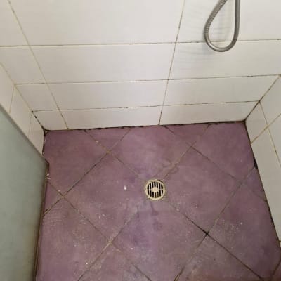 רצפת מקלחת עם אריחים סגולים וניקוז