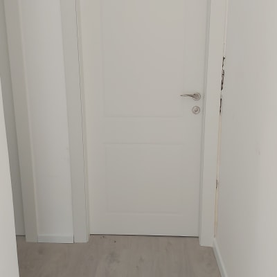 דלת לבנה עם ידית כסופה על רצפת עץ