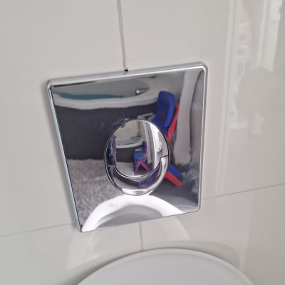 לחצן הדחה כרום על קיר לבן בשירותים