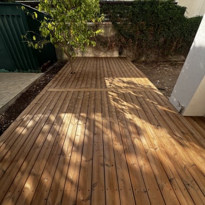 דק עץ בגינה עם עץ ירוק ברקע