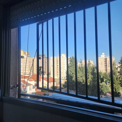 סורגי חלון עם נוף של בניינים ועצים