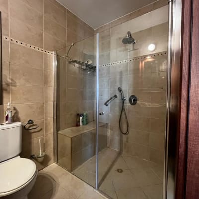 מקלחון זכוכית עם ראש מקלחת ומדף מוצרים