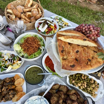 מגוון מאכלים על שולחן, כולל לחם, סלטים, קציצות וענבים