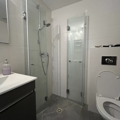 מקלחת עם דלתות זכוכית ושירותים