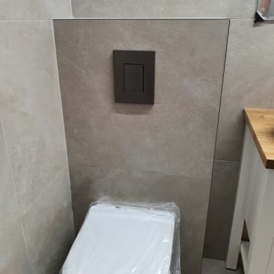 אסלה חדשה עם כיסוי פלסטיק, לחצן הדחה מותקן