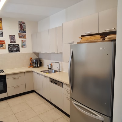 מטבח מודרני עם מקרר, ארונות וכיור