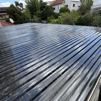 גג מתכת מבריק עם ברגים, עצים ברקע