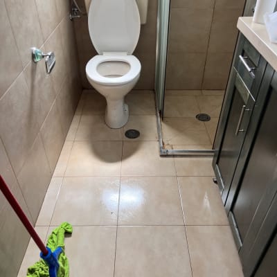 שירותים עם רצפה נקייה ומגב ירוק
