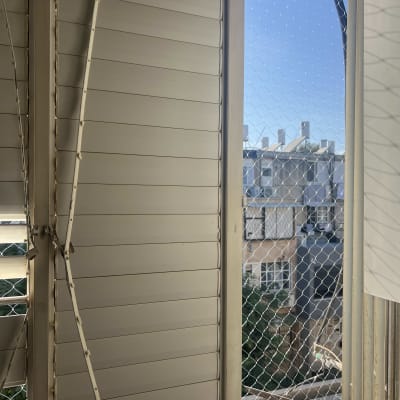 רשת יונים מותקנת על חלון למניעת כניסת יונים