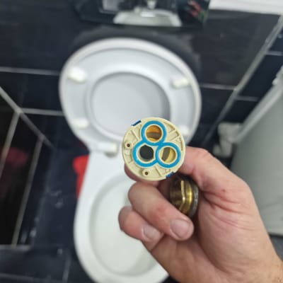 יד מחזיקה חלק פלסטיק עגול מול אסלה פתוחה