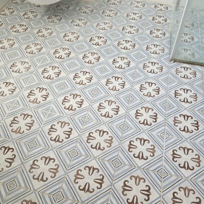 רצפת אריחים מעוצבת בחדר אמבטיה עם אסלה תלויה