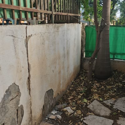 קיר מתקלף עם סדקים, רצפת אריחים, עלים יבשים