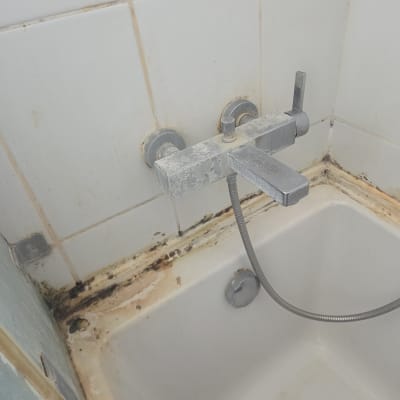 אמבטיה עם עובש סביב הברז והקירות