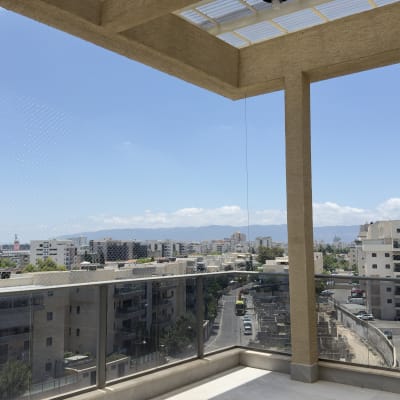 מרפסת עם רשת נגד יונים ונוף עירוני