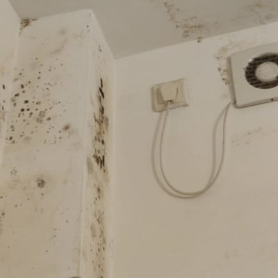 כתמי עובש על קיר ותקרה ליד שקע חשמל