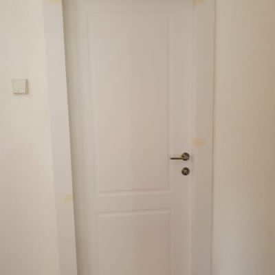 דלת לבנה עם ידית מתכת על קיר בהיר