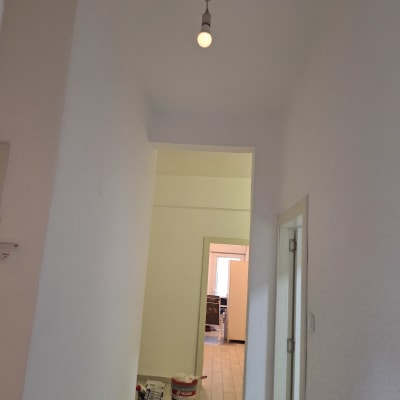 דלי צבע וכלי עבודה במסדרון צבוע