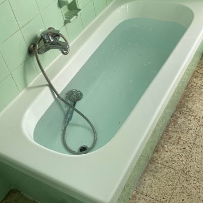 אמבטיה עם מים, מקלחת יד, בקבוק חומר ניקוי