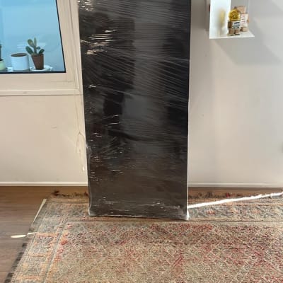 ארון שחור עטוף בניילון עומד על שטיח