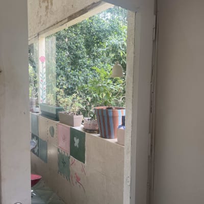 צמחים ועציצים ליד חלון זכוכית במרפסת