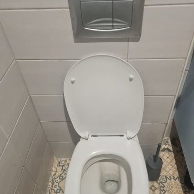 אסלה עם לחצן הדחה על קיר אריחים