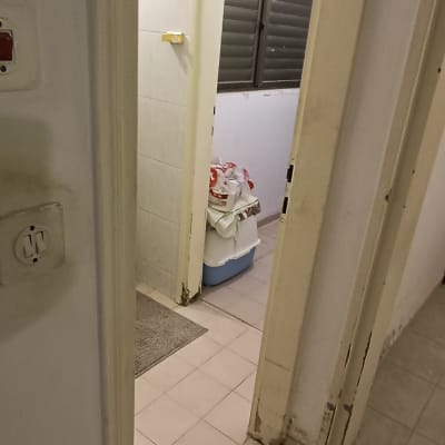 חדר עם אריחים, דלתות, חלון וציוד ניקוי