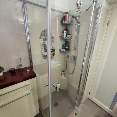 מקלחון זכוכית עם מדף מוצרים ומקלחת יד