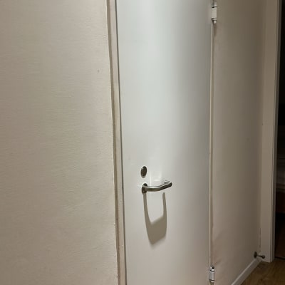 דלת לבנה עם ידית מתכת על רצפת עץ