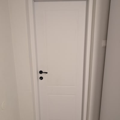 דלת לבנה עם ידית שחורה במסגרת קיר לבן