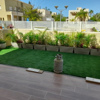 עציצים עם צמחים ירוקים על דשא סינתטי