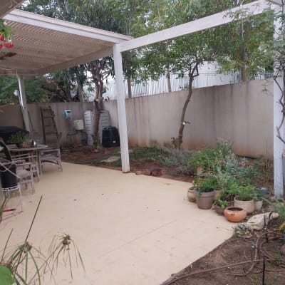 עציצים וכלי גינון בחצר עם פרגולה ועצים