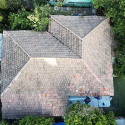 גג רעפים עם אדם על הגג מוקף בצמחייה