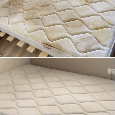 מזרן לפני ואחרי ניקוי עם כתמים ונקי