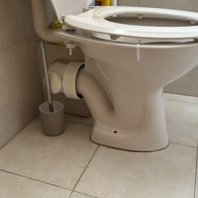 אסלה עם מברשת ניקוי וחומרי ניקוי בחדר אמבטיה