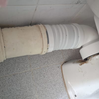 צינור פלסטיק לבן מחובר לאסלה עם חיבור גמיש