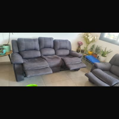 ספה אפורה עם כורסאות וצמחים מסביב