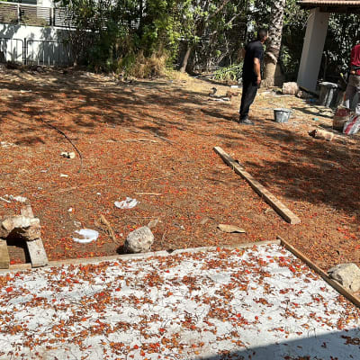 אדמה עם עלים יבשים, דלי פלסטיק, כלי עבודה